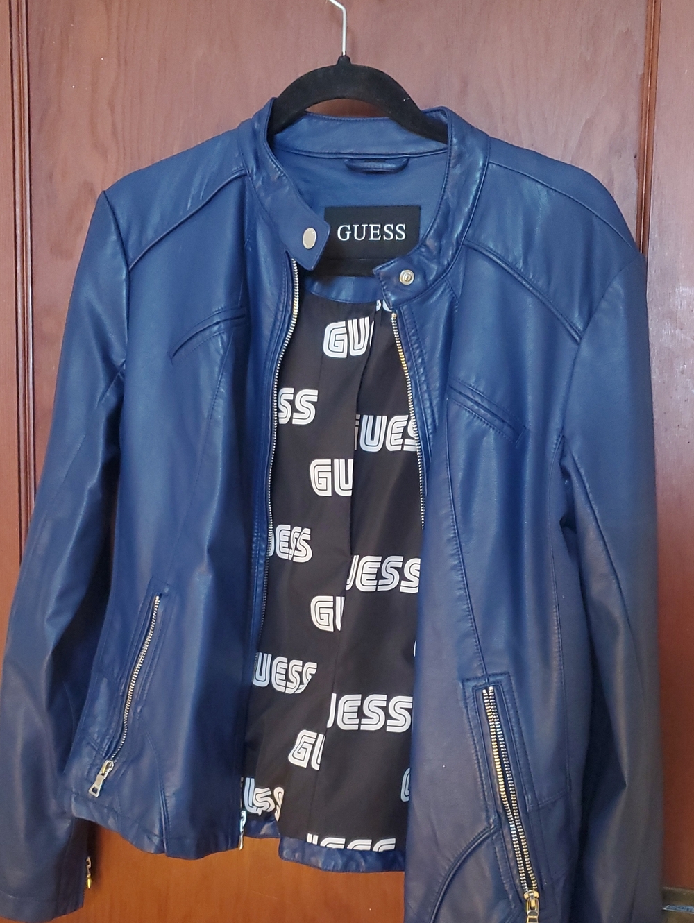 GUESS Navy Blue Faux-Leather Moto Jacket - Size L (Fits M/L)